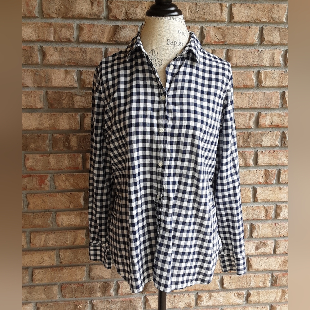 J. Crew Navy/White Boy Fit Gingham Check Print Long Sleeve Button Down S…